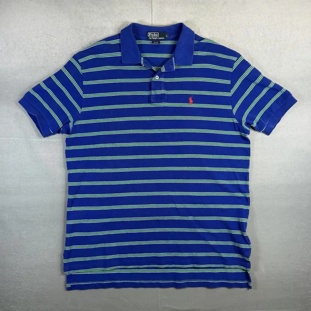 VTG Polo Ralph Lauren Shirt Mens Large Blue Green Striped Pony Short Sleeve 90s